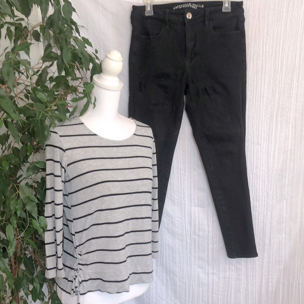 AMERICAN EAGLE black sz 10 high rise jeggings & BOBEAU sz S gray blk striped top